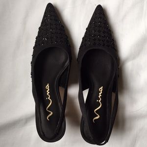 Black Nina Beaded Point Toe Sling-Back Heel Pumps